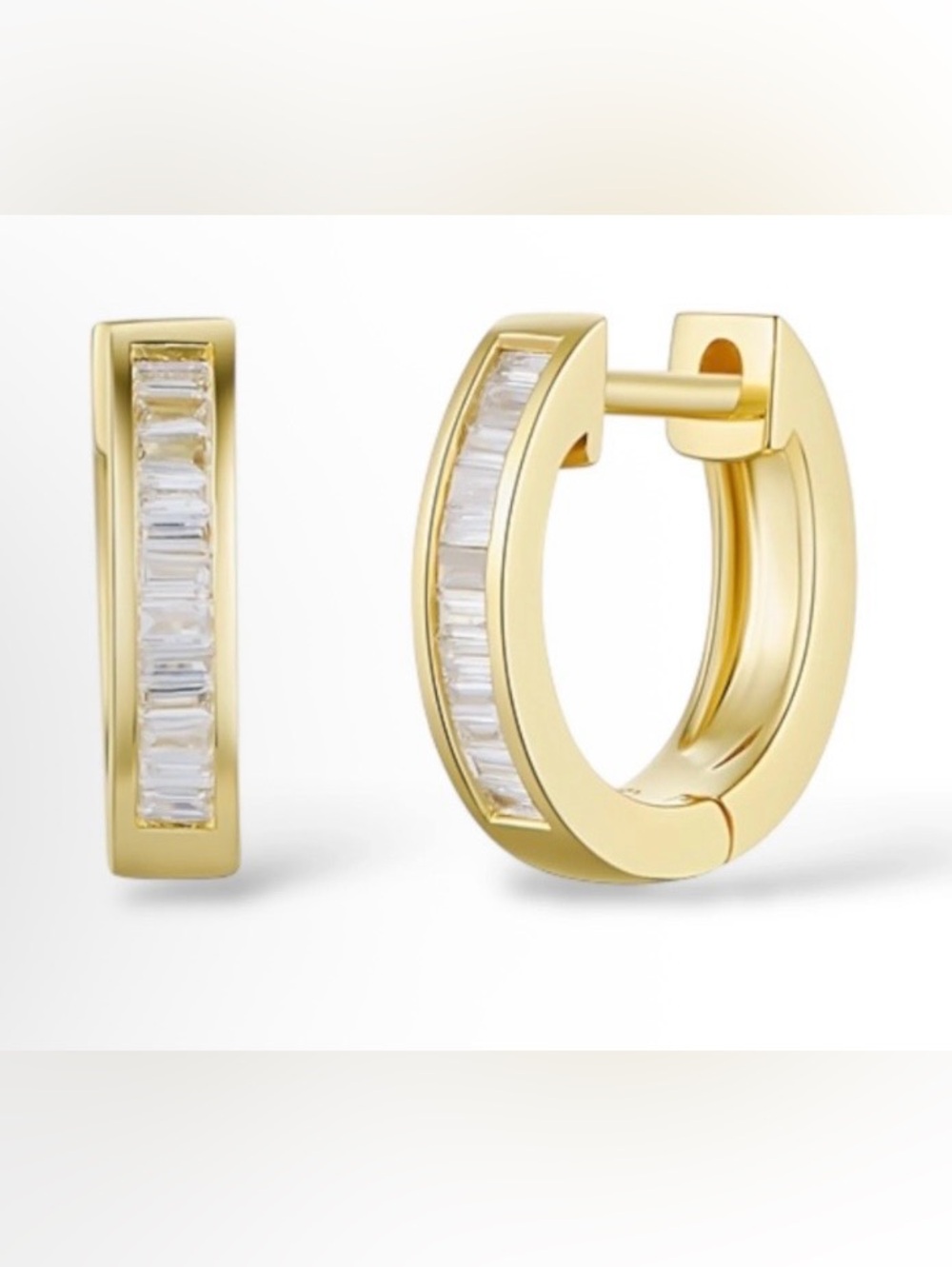 Gold Plated Baguette CZ Channel Set Huggie Hoop Earrings